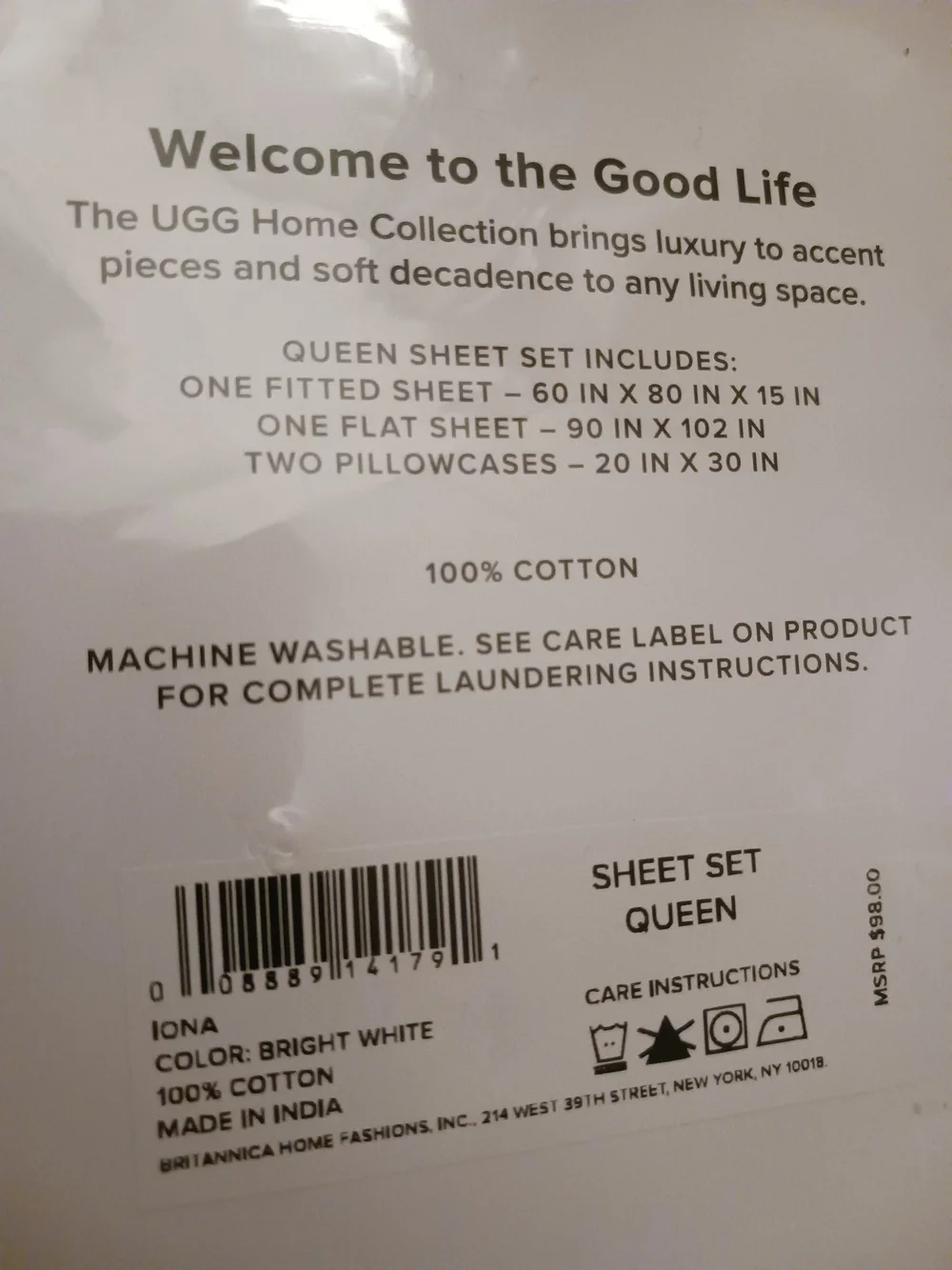 UGG White Queen Sheet Set 100% Cotton